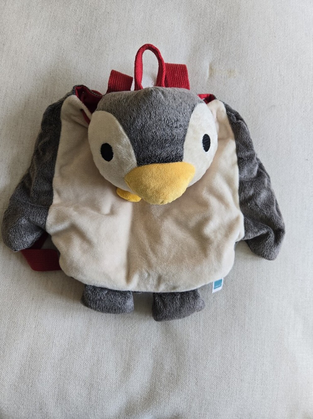 Cute Penguin Plush Backpack in Gray, Cream & Yellow With Red Straps